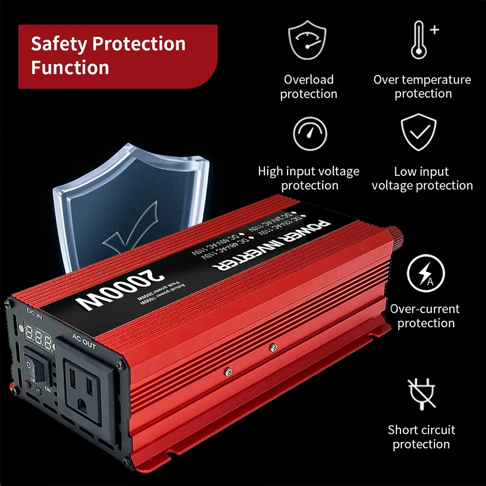 

2000W Peak 1300W Rated Pure Sine Wave Power Inverter DC 12V to AC 220V EU Plug Car Solar Converter for Home RV Truck