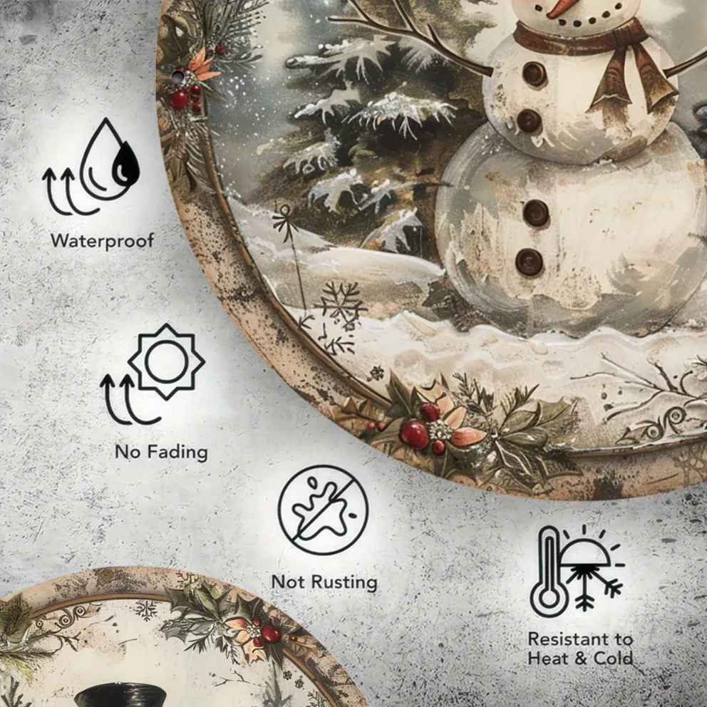 Rustykalny Śnieżny Bałwan - Vintage Świąteczny Uśmiech, Zimowa Dekoracja Ścienna do Domu Restauracji Kawiarni Garażu, Metalowa Ozdoba do Wewnątrz/Na Zewnątrz