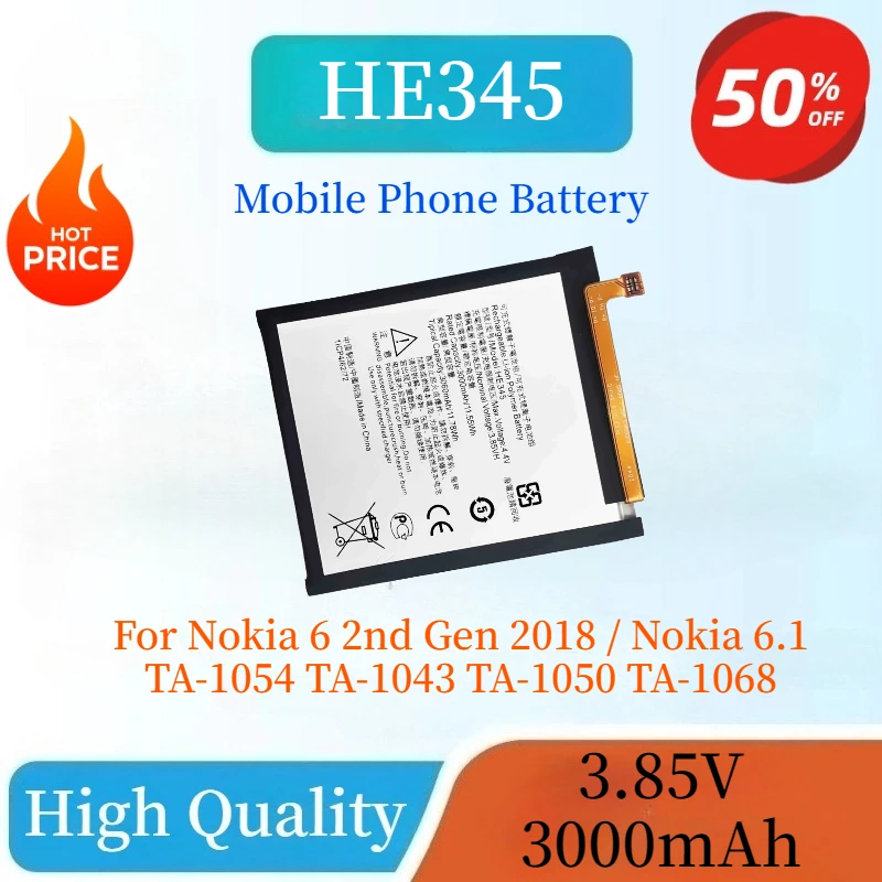 High Quality New 3.85V 3000mAh HE345 Mobile Phone Battery For Nokia 6 2nd Gen 2018 / Nokia 6.1 TA-1054 TA-1043 TA-1050 TA-1068