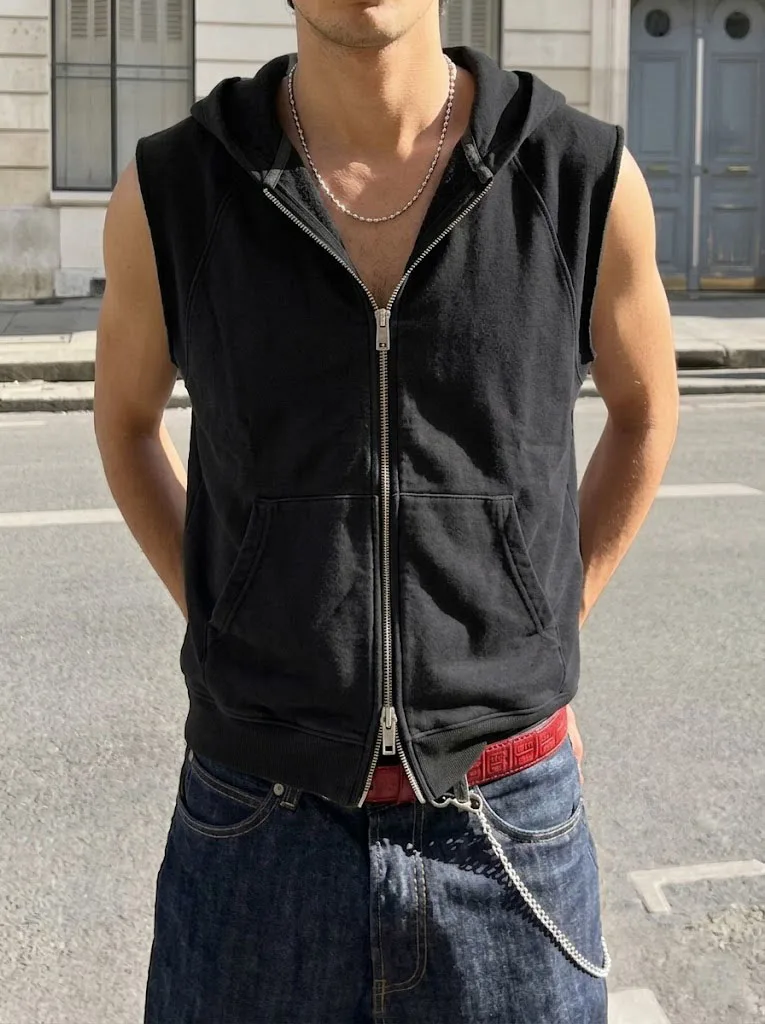 Loose Fit Hoodie Style Vest by Wang You Bing Studio Casual Sporty Sleeveless Scalloped Hem Loose Feeling Unisex Vest