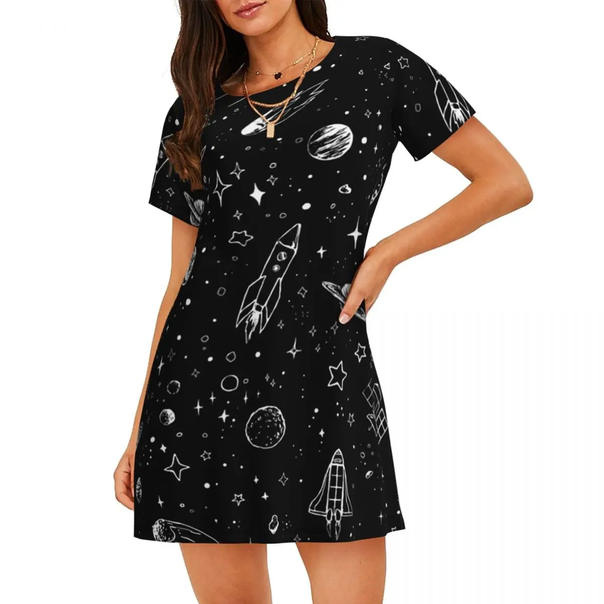 Custom Space Short Sleeves Nightdress For Sleeping Sleepshirts Women Short Sleeve Nightgowns Loose Pajama Dress
