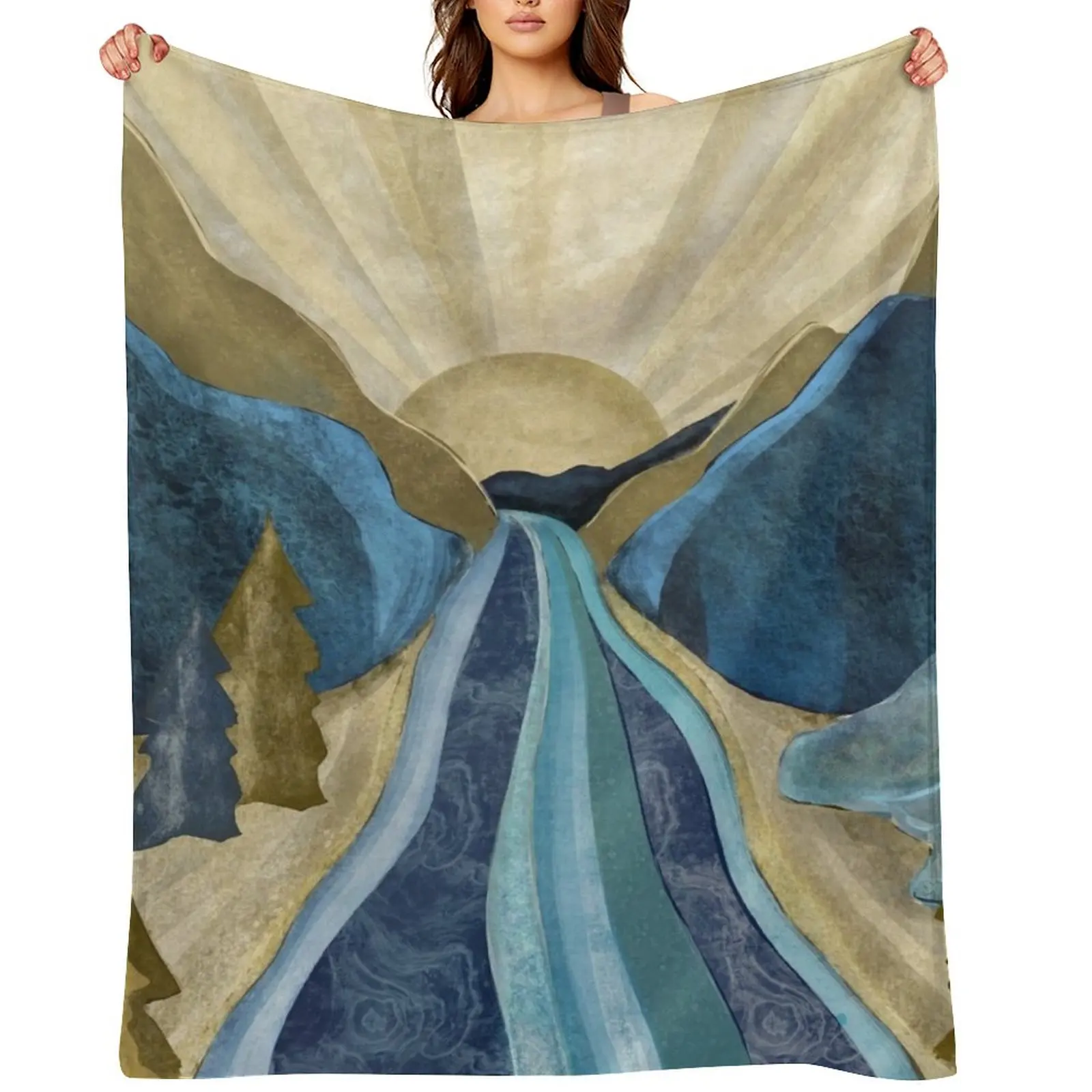 Blue gold mountain river sunrise Throw Blanket Single Decoratives christmas gifts Summer Blankets