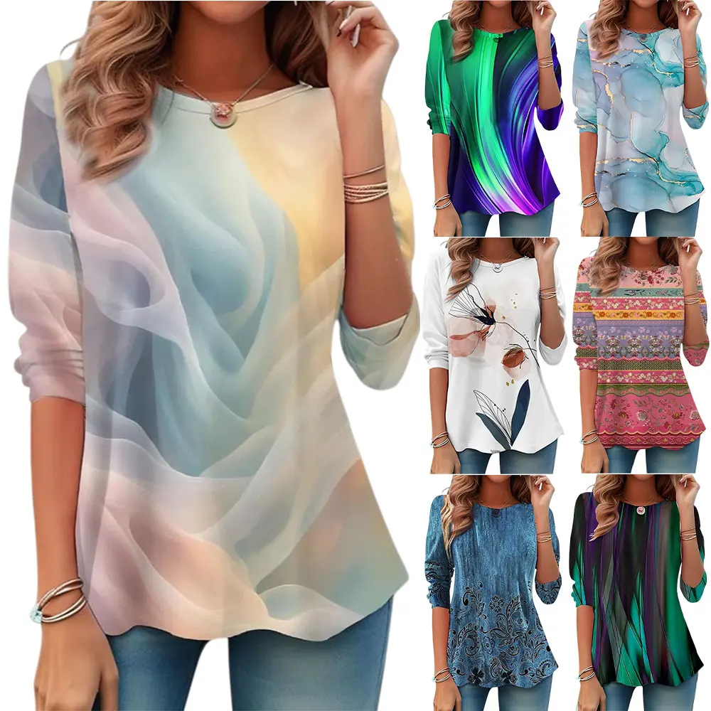 

Autumn Winter Long Sleeves Korean Fashion O-neck T-shirt For Women Gradient Print T-shirts Ladies Casual Top Tee Woman Clothes