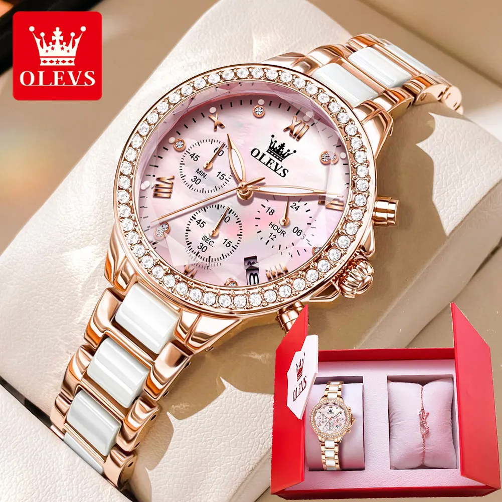 OLEVS Women Watch Chronograph Elegant Rhombus Mirror Diamond Pink Dial Ceramic Watch Strap Stainless steel Quartz Hand Clock NEW