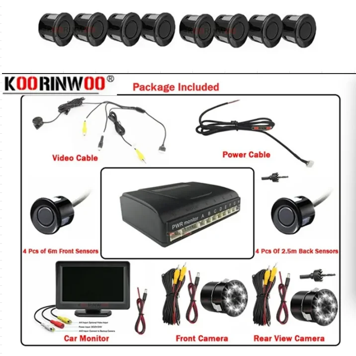 Koorinwoo Car Video Parking Sensor 8 Parking camera Backup Reverse Backup Radar Detector System Parktronic With Monitor Front AV