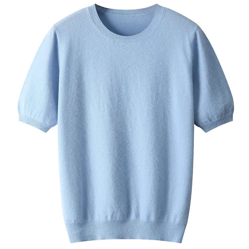 New Men's 100% Wool O-Neck T-Shirt Short Sleeve Shirts Autumn Winter Loose Solid Color High-quality Soft Warm Wool Knit Pullover