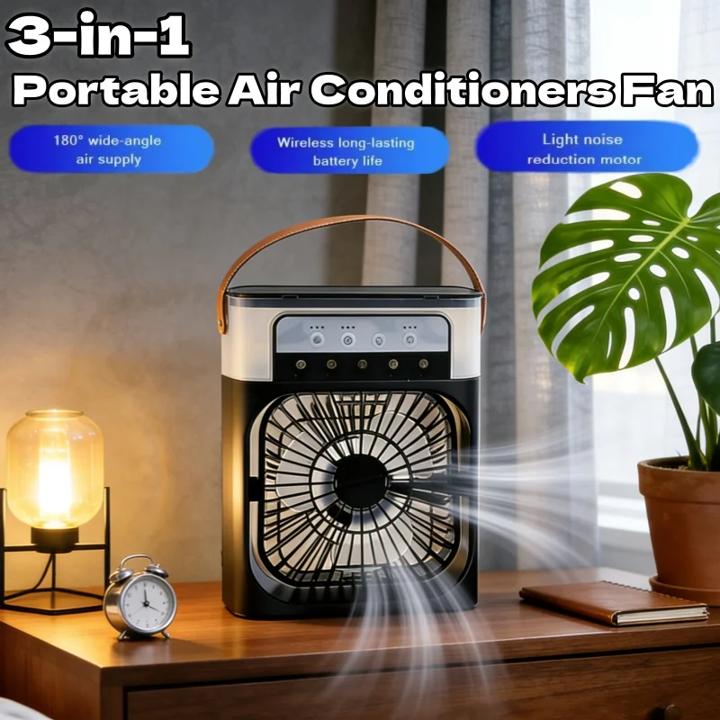 

3 в 1, настольный перезаряжаемый портативный вентилятор, светодиодный ночник, увлажнитель, вентилятор, бытовой мини-охладитель воздуха для офиса, дома, электрический вентилятор