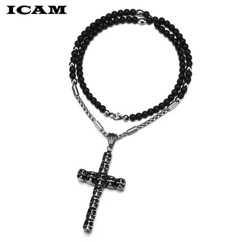 ICAM 4MM Black stone Stainless steel Beads with black stone cross Pendant Mens Rosary Necklace Mens Mala jewelry