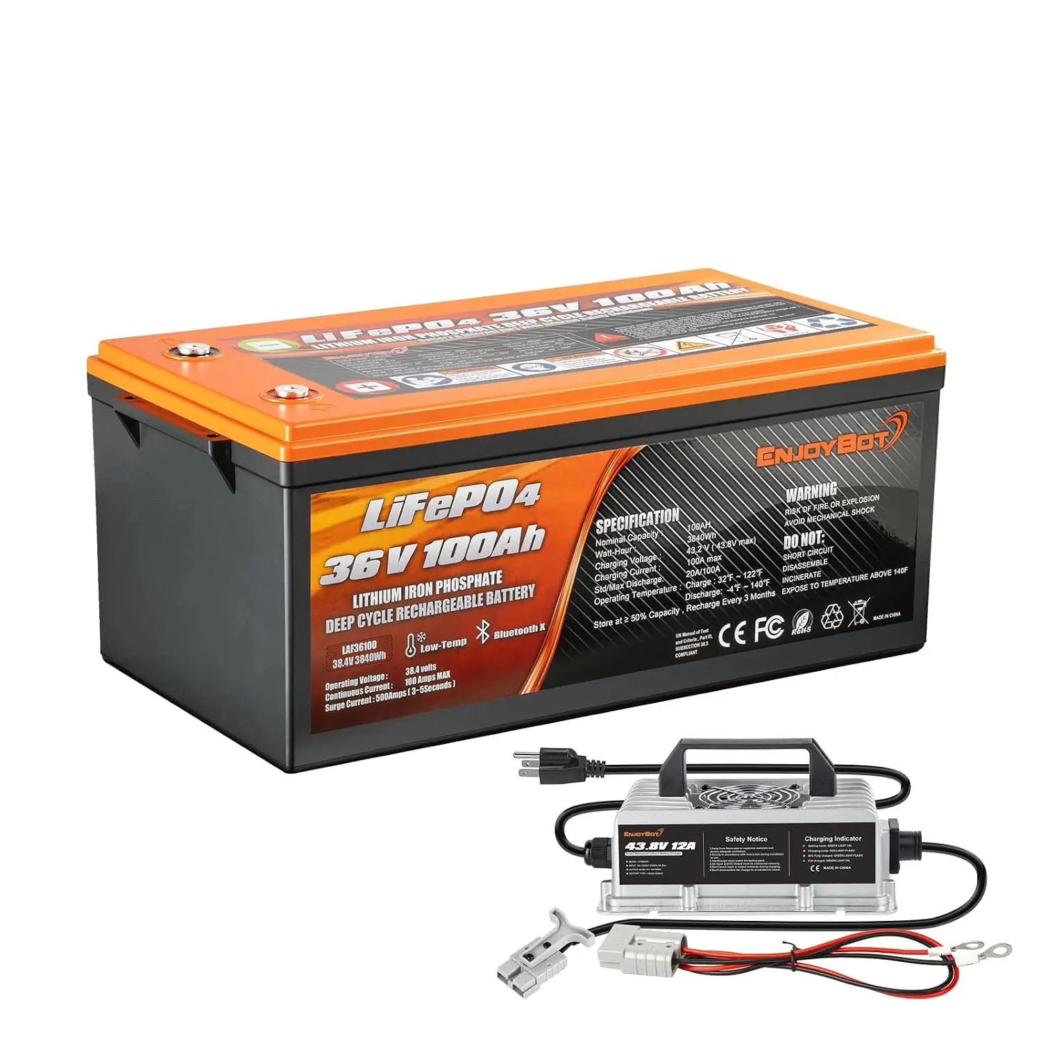 36V 100Ah LiFePO4 Lithium Battery with 43.8V 12A Lithium Battery Charger, Built-in 100A BMS and Bluetooth, Max. 3840W, Custom
