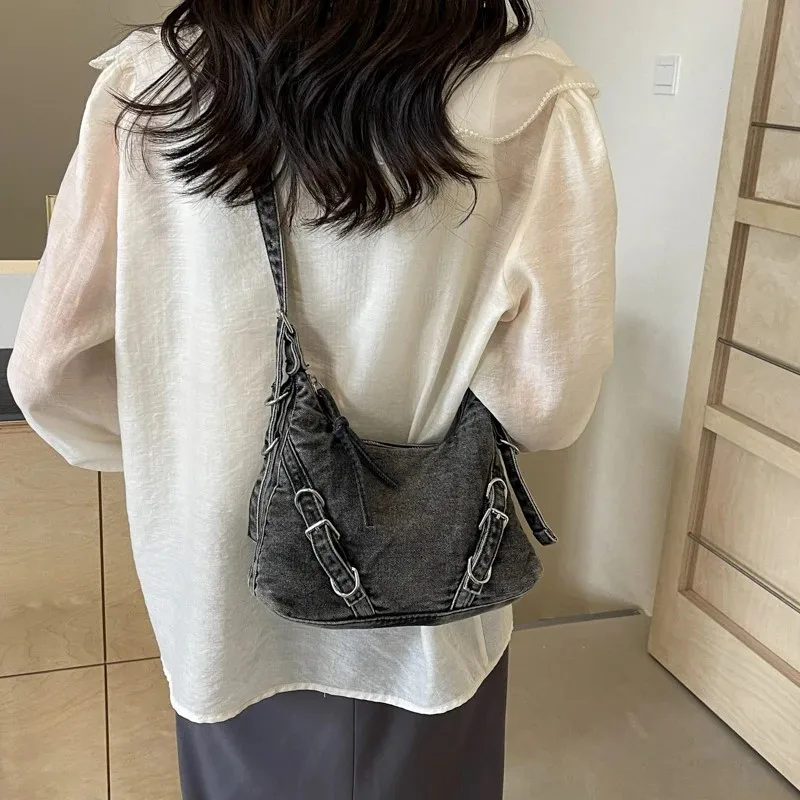 Belt Design Denim Shoulder Bag For Women Korean Fashion Luxury Underarm Bags 2024 New Y2k Retro Handbags Trend Crossbody Bag