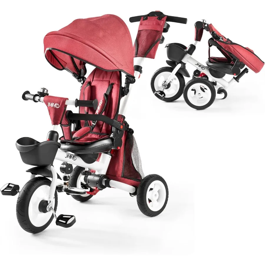 8 in 1 Tricycle Stroller with Push Handle, Foldable Trike with 360° Swivel Seat, Reclining Backrest, All-Terrain Wheels, Dual Br