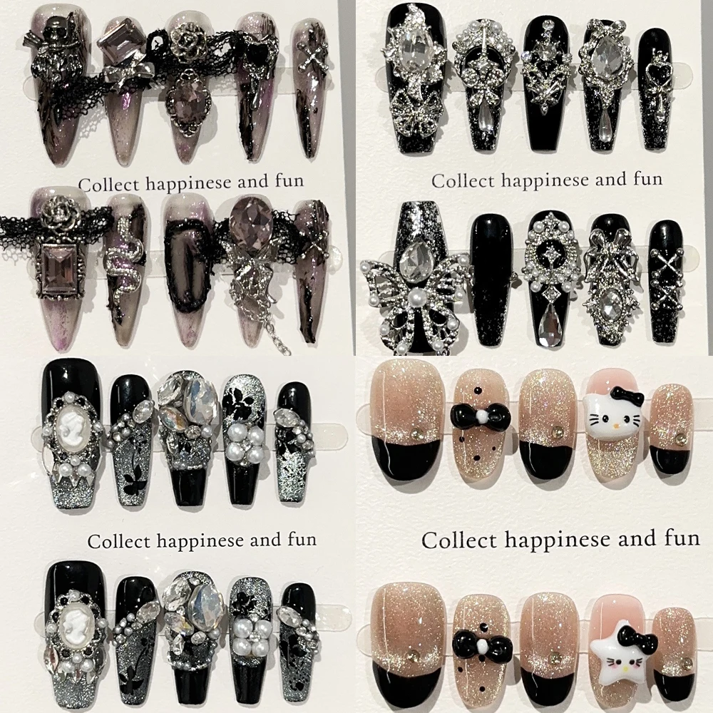 

Sweet Lovely Cartoon Bear Handmade Pink Long Stiletto Press On Nails Bowknot Flower Pearl Diamond Cat Eyes Wearable False Nails