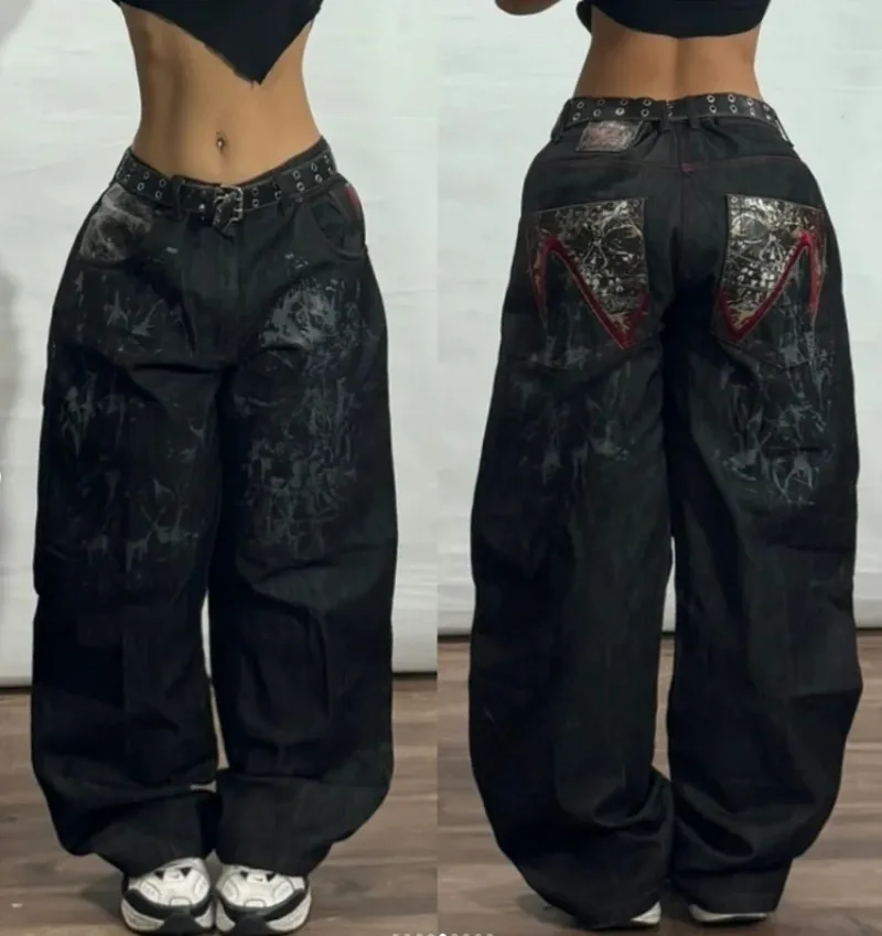 Y2K Street Vintage New Fashion Black Print Baggy Jeans Women Harajuku Hip Hop Pop Gothic Casual High Waist Wide Leg Wide Pants