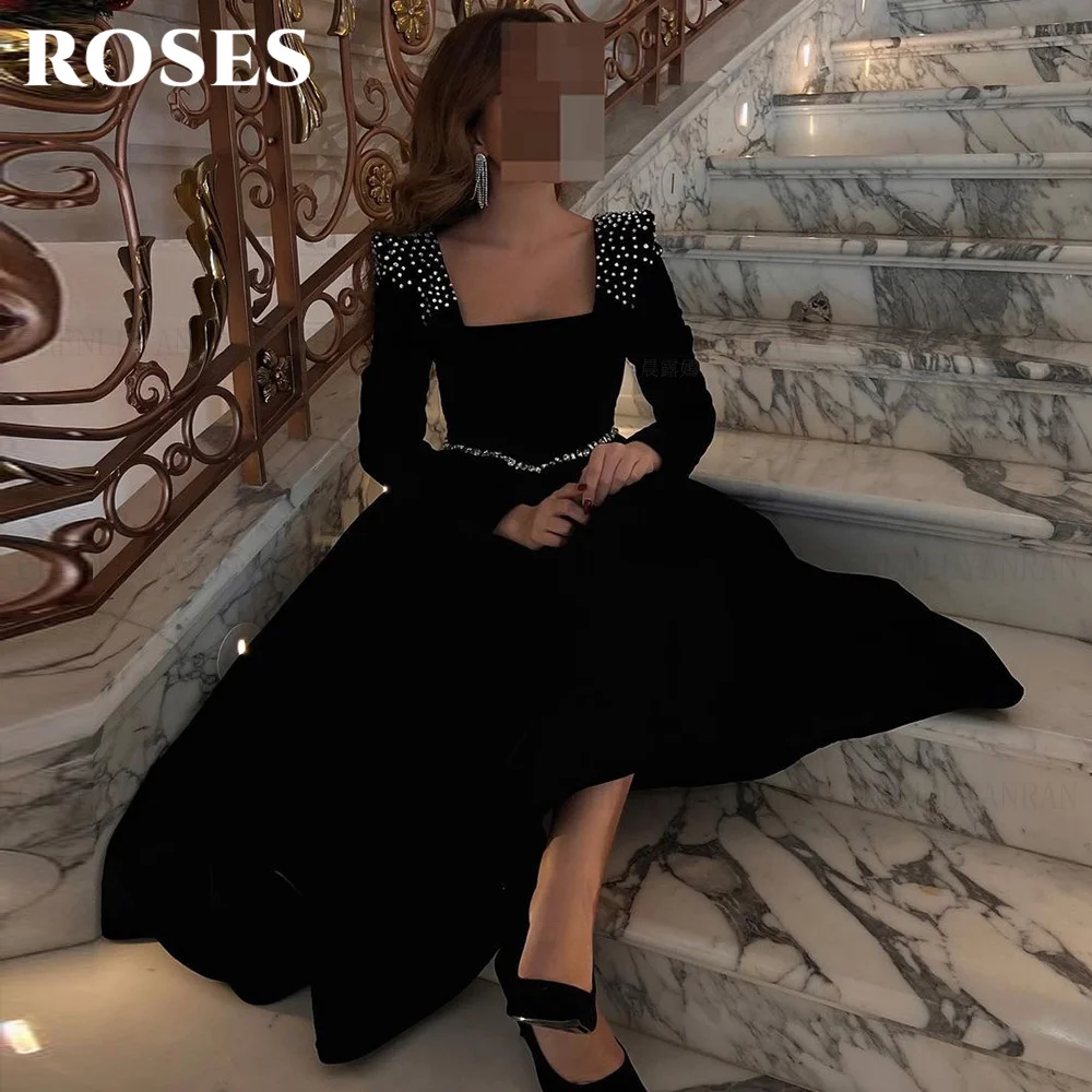 

ROSES Black Velvet Evening Dresses Chic Square Neck فساتين السهرة with Pearls-Embellished Shoulders and Diamond Belt Customized