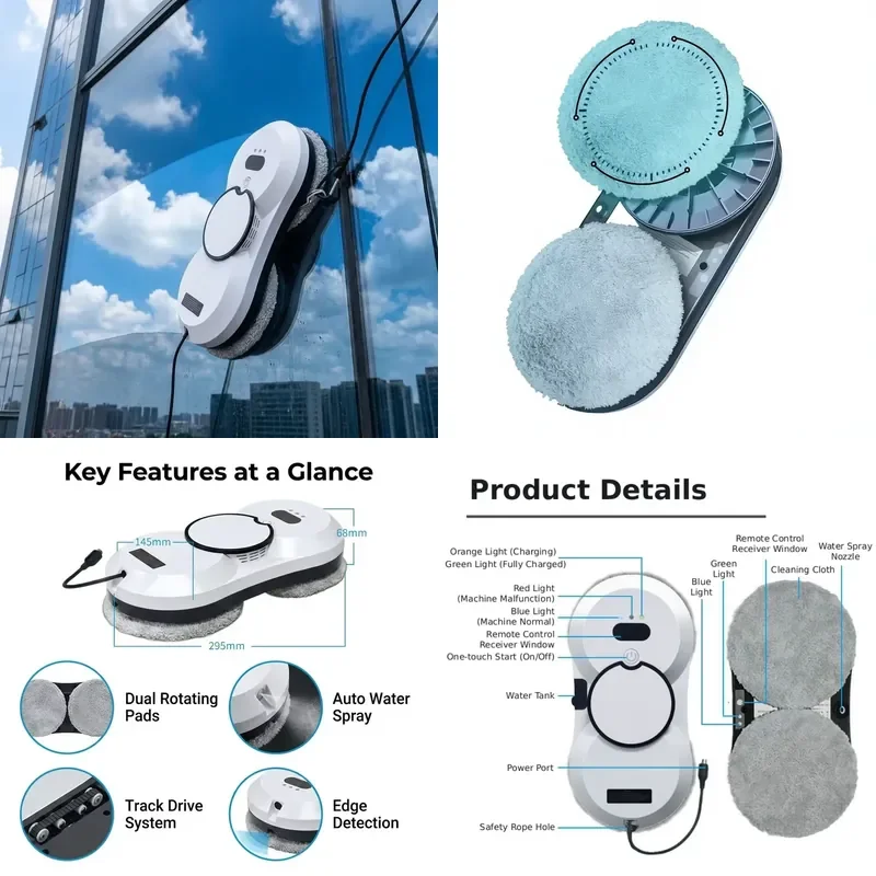 Cordless Window Cleaning Robot for  Pad Automatic Spray Anti-Drop Remote Control All Glass Surfaces  Support Low