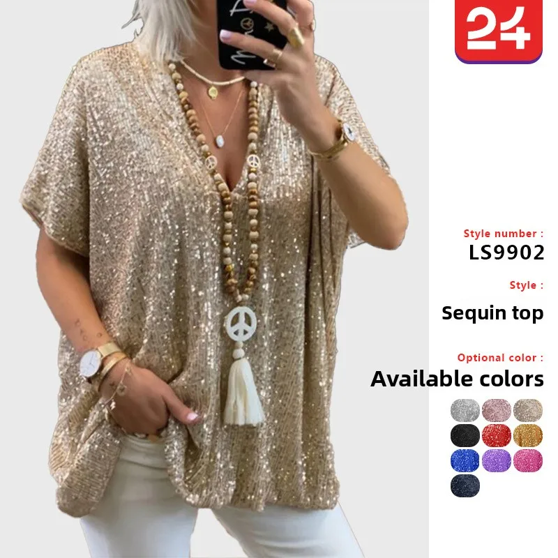 Camiseta de Mujer Holgada de Manga Corta con Cuello en V, con Brillo, Informal, Color Cleanfit, para Caminar por la Ciudad, d...