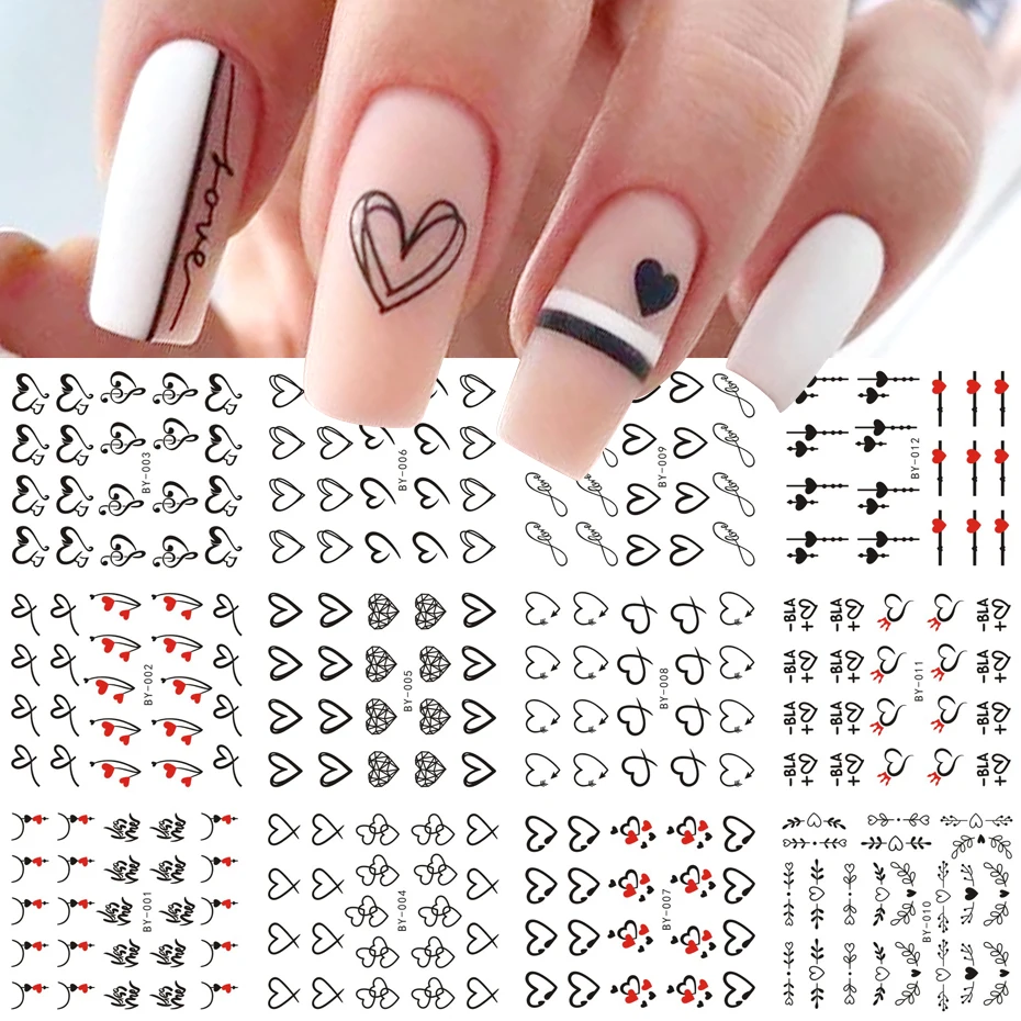 12pc Love Heart Water Nail Decals English Letter Stickers Valentine's Sliders Nail Art Decoration 2023 Manicure Tips LABY001-012