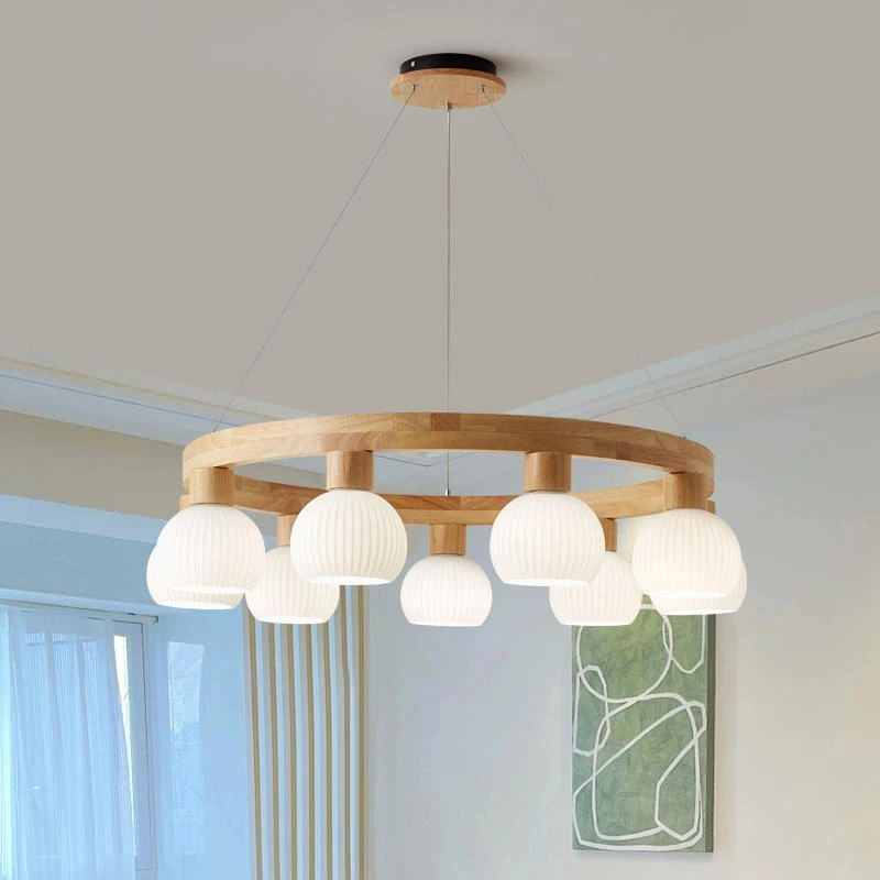 Round Chandelier With 3 6 9 Glass Lampshades For Foyer Modern Wooden Bedroom Lustres Solid Wood Dining Lighting Fixtures