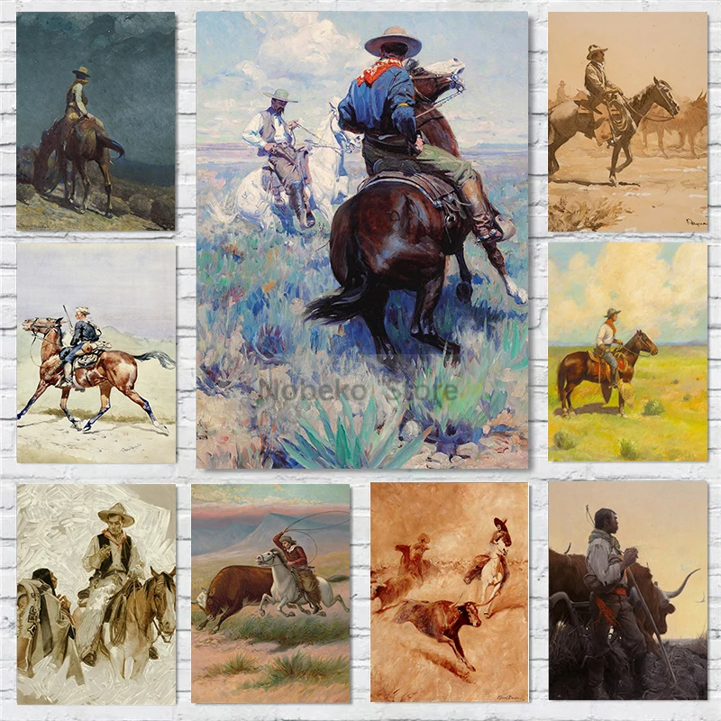Póster de vaca de jinete de caballo occidental clásico de vaquero Vintage, impresiones, pintura en lienzo, imágenes artísticas de pared, decoración de la habitación del hogar