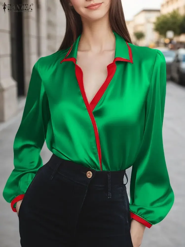 

Elegant Women Satin Blouse ZANZEA V-Neck Color Patchwork Office Lady Shirts 2025 Fashion Long Sleeve Casual Silk Autumn Tops