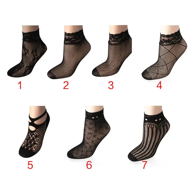 Women Sexy Summer Short Over Ankle Boat Socks Fishnet Mesh Black Floral Lace Pat