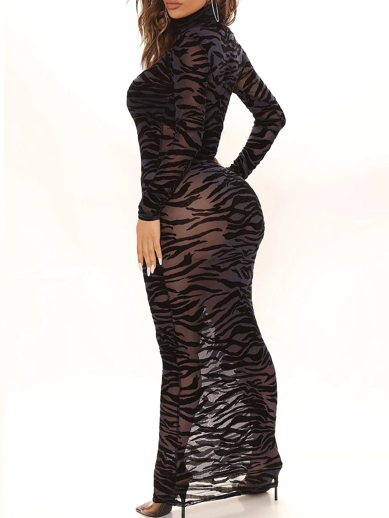Damenkleid aus Mesh mit Print, langärmelig, figurbetont und schlankmachend, „Spicy Girl“-Kleid – Detail 4