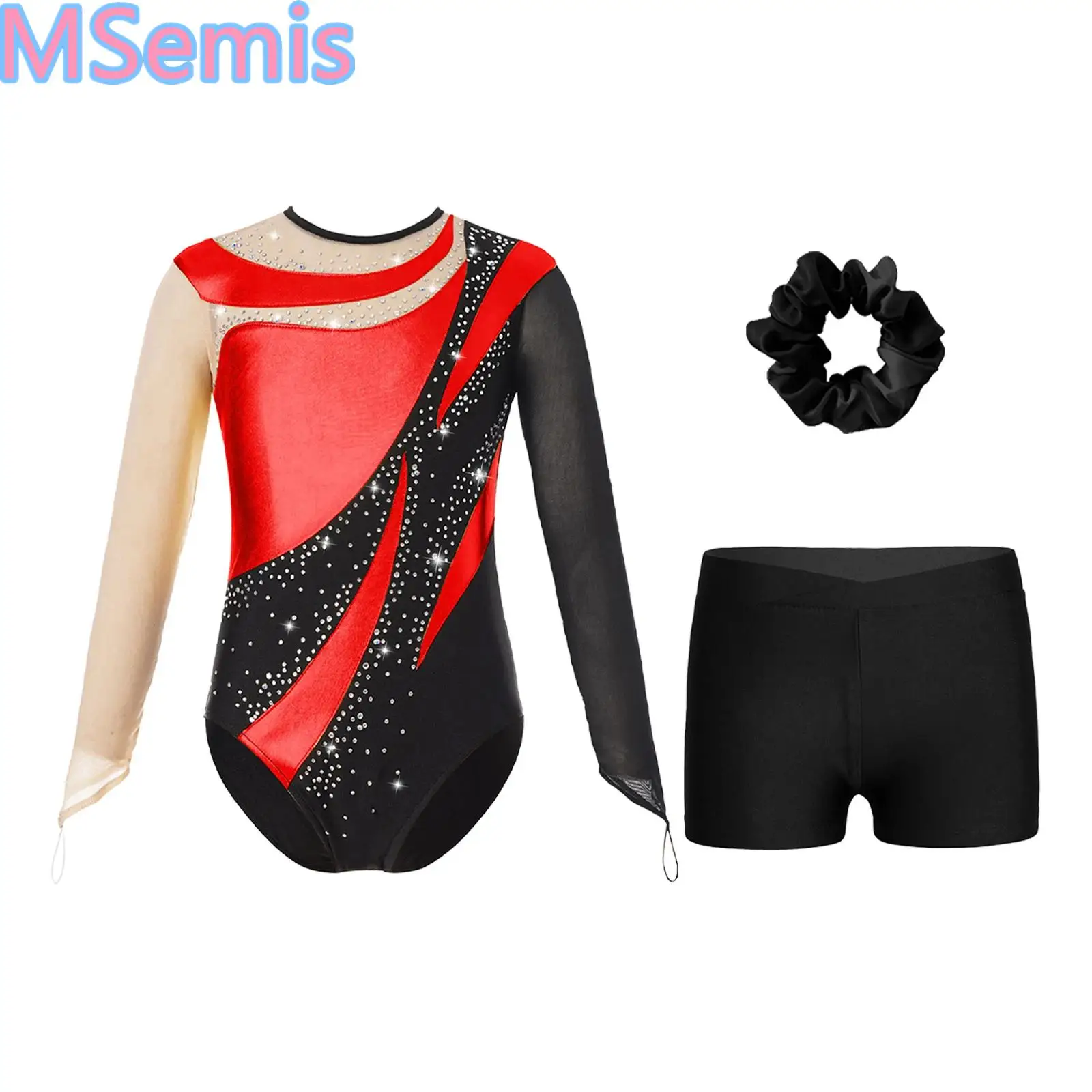 

Kids Girls Patchwork Dance Outfits Cutout Back Leotard with V-front Waistband Shorts And Hair Tie Headwear for Gymnastics