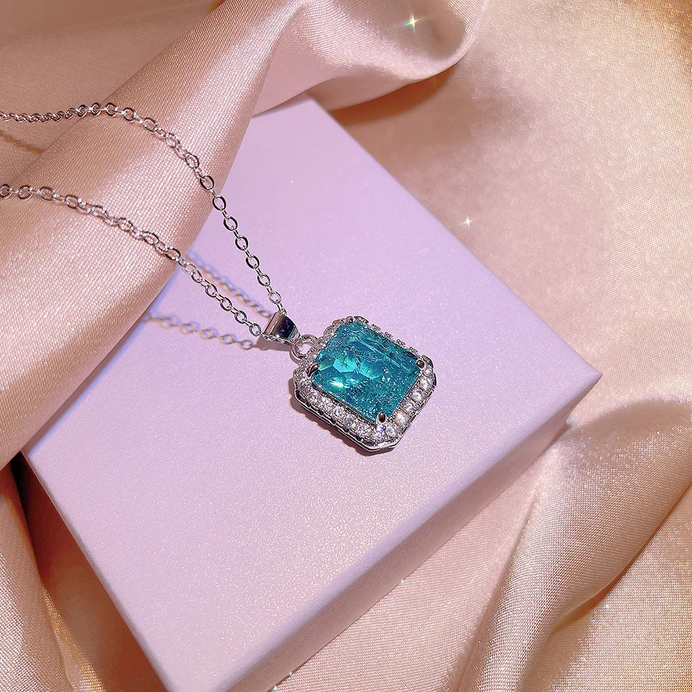 Haute Couture New Square Paraiba Ring Earring Necklace Three-piece Suit Women\'s Cocktail Party Gift Direct Sale