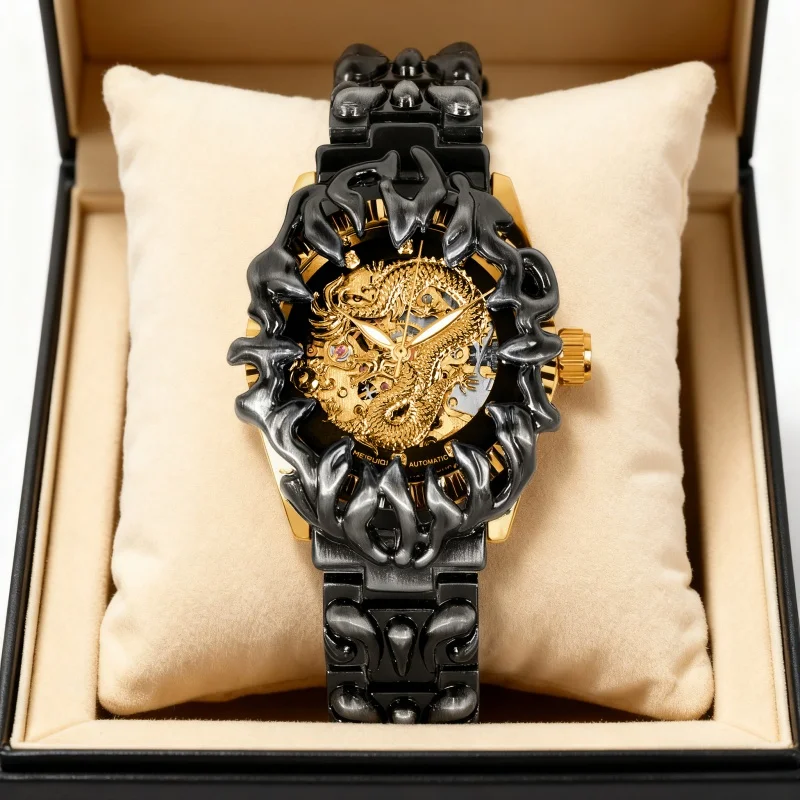 

Мужские часы с черным стальным браслетом, без цифровой шкалы на циферблате, стильные и повседневные, полностью автоматические механические часы.