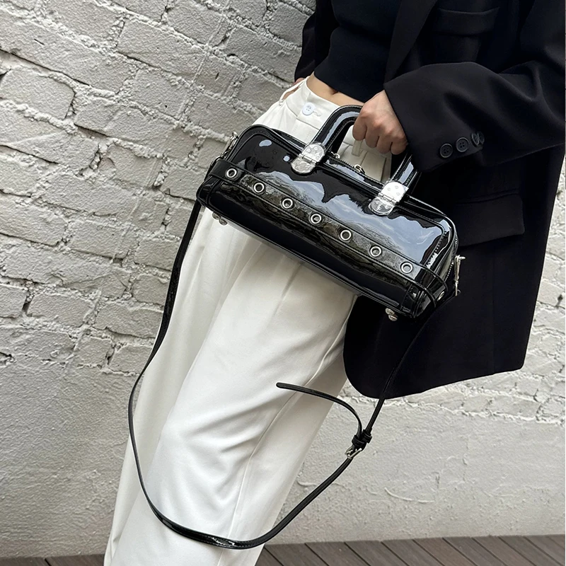 Black Patent Leather Handbag, Fashion Belt Buckle Crossbody Bag Silver Hardware Accessories Square Motorcycle Bag For Cool Girl