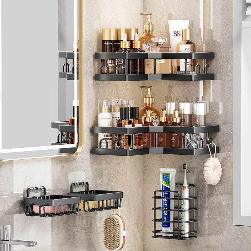 1Pcs/3Pcs/5Pcs Corner Shower Storage Rack |   Wall-Mounted Bathroom Shelf, Black Shower Storage Rack, No-Drill Large Capacity Storage Rack for Kitchen and Bathroom. - view 6