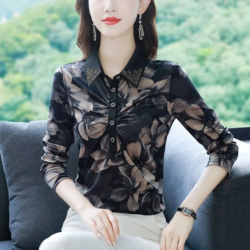 

Spring Autumn New Long Sleeve Polo Collar Printed Base Shirt Plus Size Stomach Concealing Stylish Age-Reducing Temperament