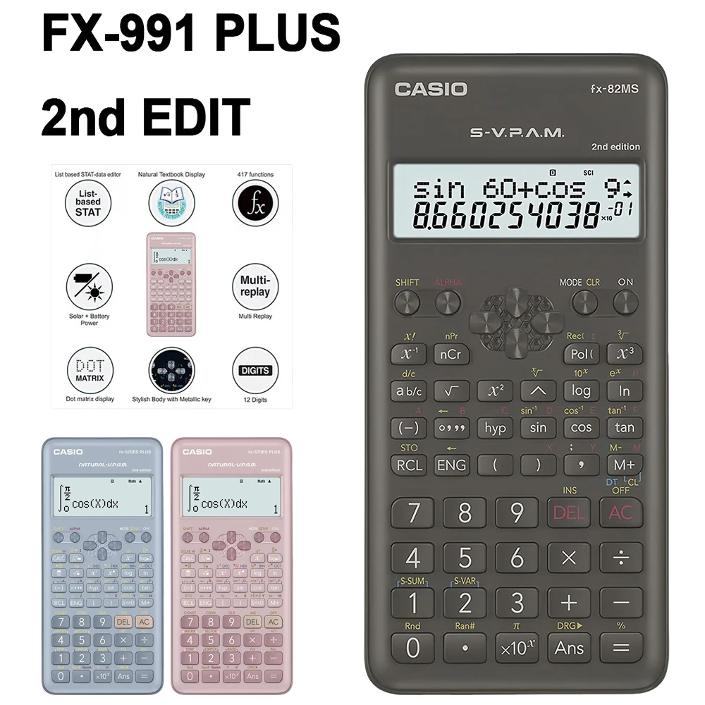 Solar Scientific Calculator FX-991ES PLUS/FX-82MS Multifunctional Math Calculator for Students Calculatrice Vector Test Counter