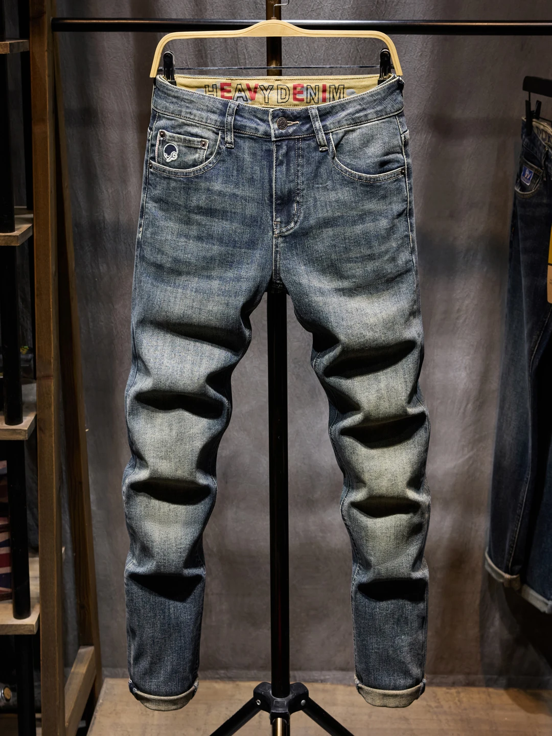 

Retro American Denim Jeans Men's Spring Autumn Slim Fit Casual Versatile Long Trousers Youth Elastic Cotton Stretch Denim