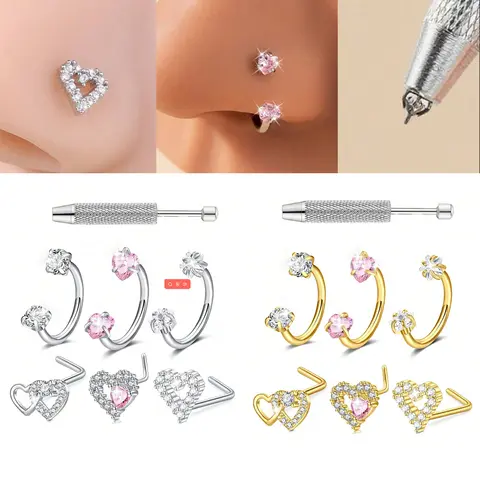 3pcs/Set Heart Horseshoe Nose Ring Nose Studs, Silver Gold Nose Ring, Stainless Steel Nose Piercing Jewelry For Women Man