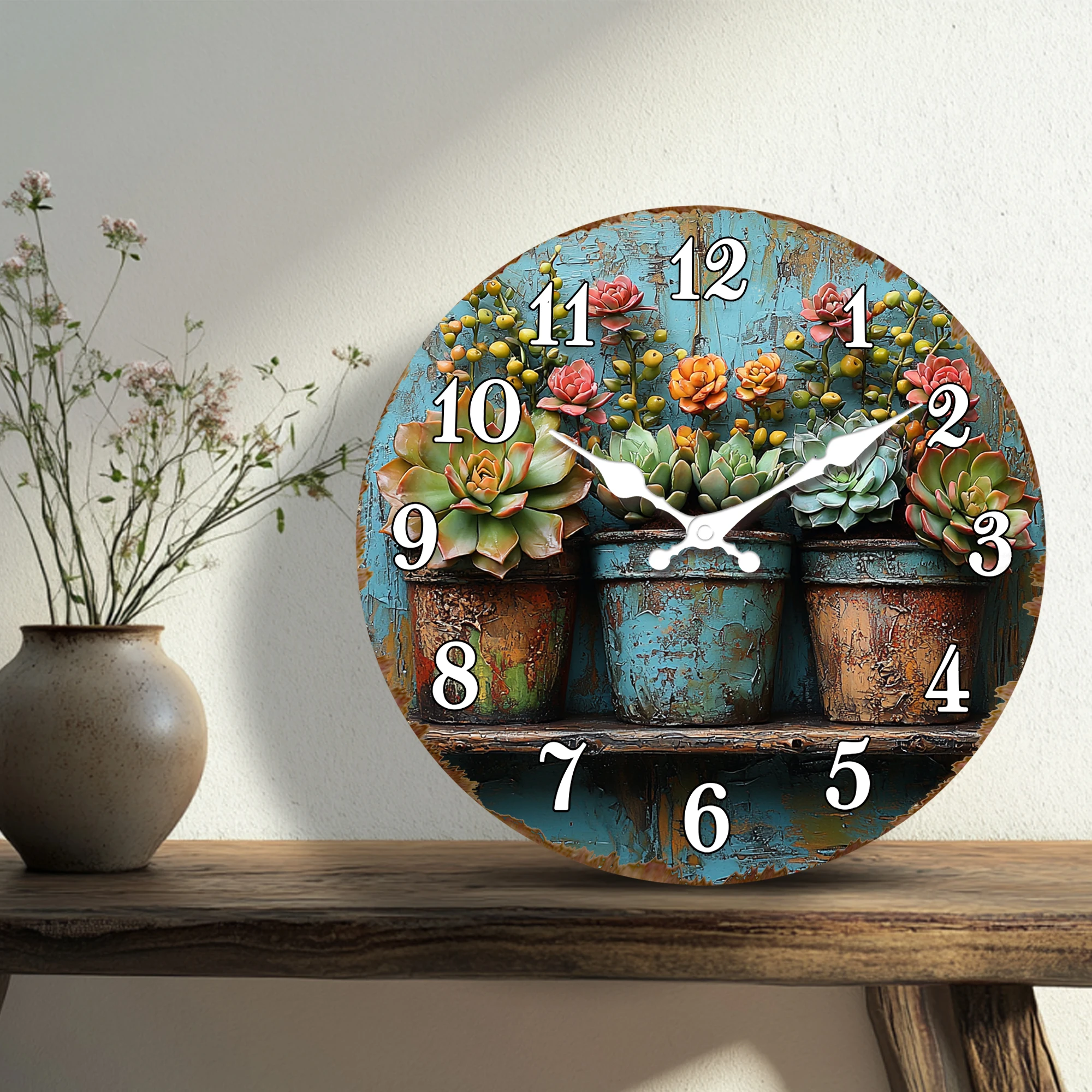 Colorful Succulent Plants Wall Clock, Rustic Garden Decorative Round Clock, Quiet Sweep Indoor Timepiece for Kitchen Bedroom Hom