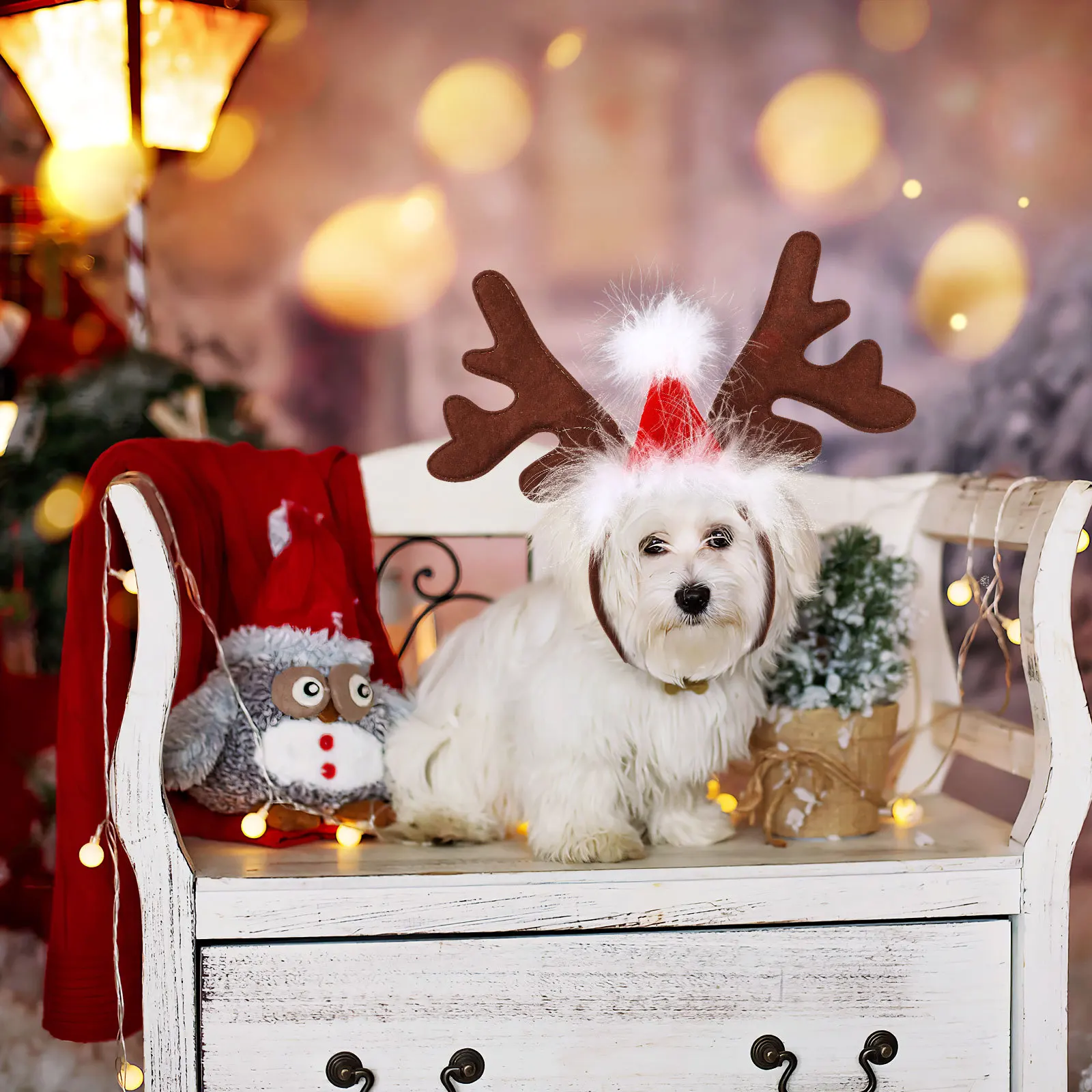 

Holiday Dog Headband with Elk Antlers and Red Hat Lightweight Stretchy Band for Small Medium Large Puppies Costume Accessory