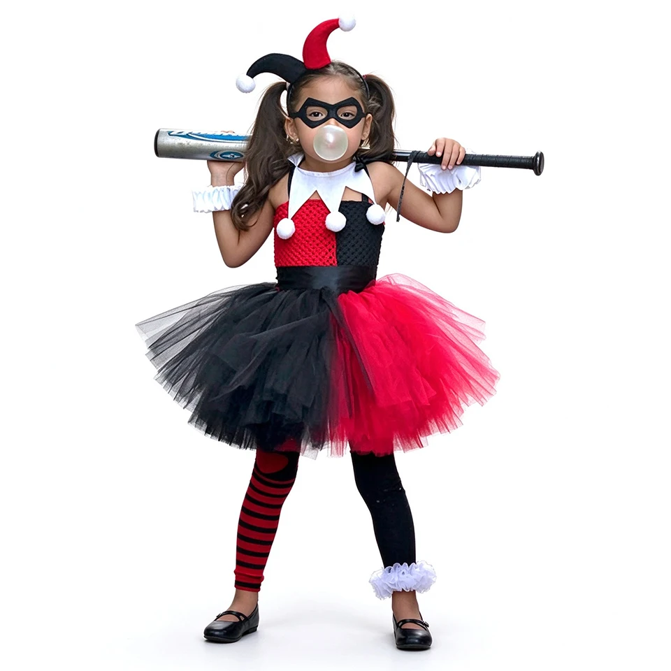 Fancy Girls Red Black Jester Clown Tulle Tutu Dress Halloween Carnival Cosplay Masquerade Party Performance Children's Costume