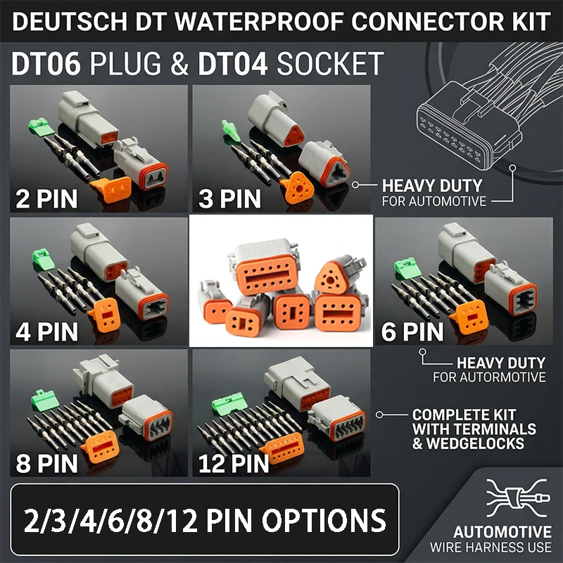 

1Set Deutsch DT Waterproof Connector Kit – DT06 Plug & DT04 Socket, 2/3/4/6/8/12Pin Options for Automotive Wire Harness