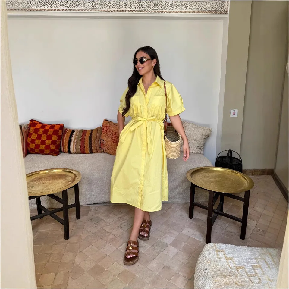 

Fashion Commuter Long Skirt Office Elegant Lapel Shirt Dress Women Casual Elegant Single-breasted Short-sleeved Party Dress