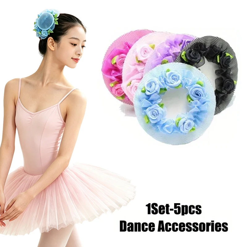 5Pcs Crochet Bun Cover Snood Hair Net for Women, Latin Ballet Dance Accessory with Flower