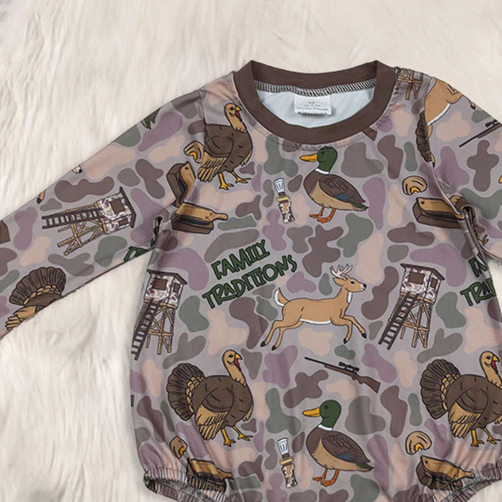 男の子用 ブラウン 迷彩柄 ターキー ダック ハンティング ロンパース 長袖 ベビー服 男の子用 秋冬シーズンに最適