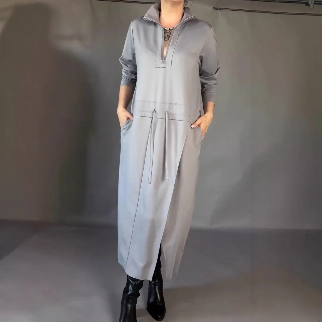 

Loose Solid Color Dress For Women Autumn Fashion New Commuter Stand Collar Zipper Long Sleeve Lace Up Pocket Long Dresses