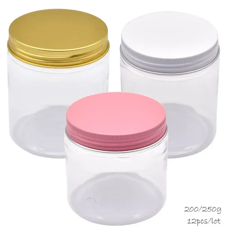 12pc 200/250ml Clear Plastic Jar With Pink Aluminum Lids Empty Face Cream Cosmetic Container Gold Travel Refillable Bottles Box