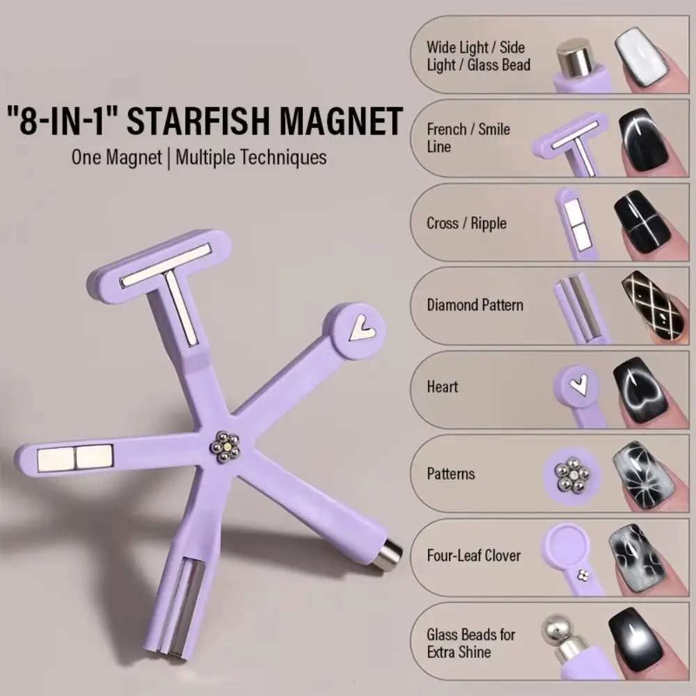 

8-in-1 Function Starfish Cat Eye Magnet Strong Magnetic Force Multi-Pattern Design Nail Art Design Tool Anti-Fall Silicone Cover