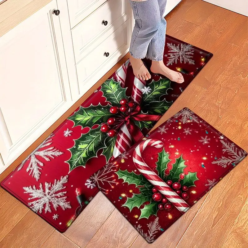 VIKAMA Traditional Christmas Kitchen Mat Non Slip Candy Cane Pattern Rug Washable Farmhouse Kitchen Hallway Holiday Home Decor