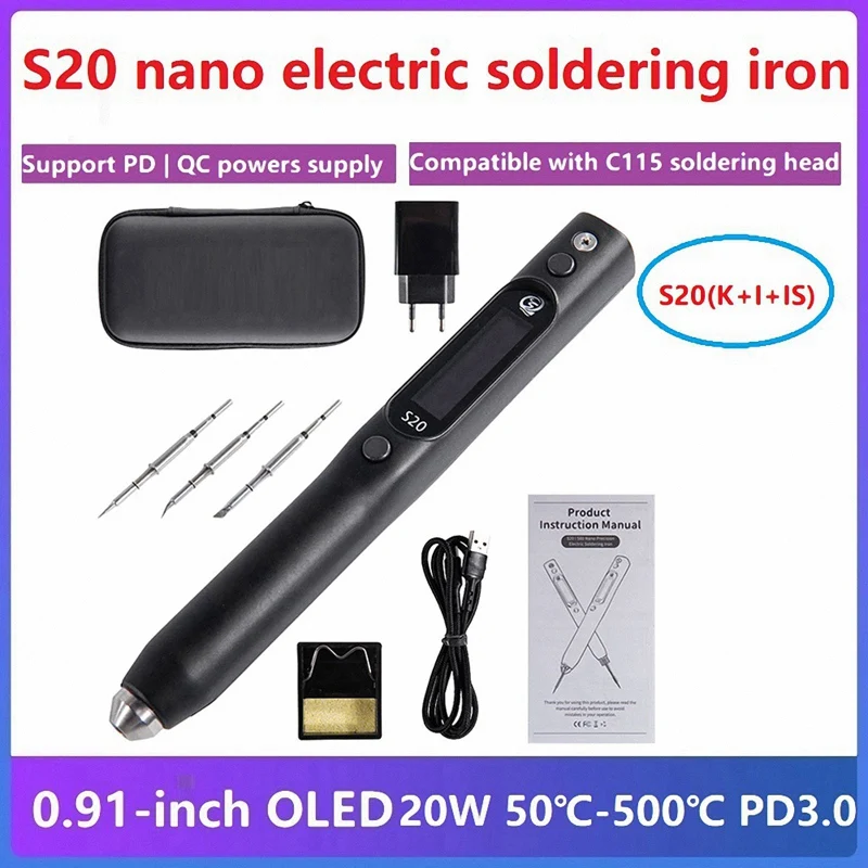 S20 (K+I+IS) Nano Electric Soldering Iron OLED 50℃-500℃ Electric Soldering Iron Compatible C115 Soldering Head EU Plug