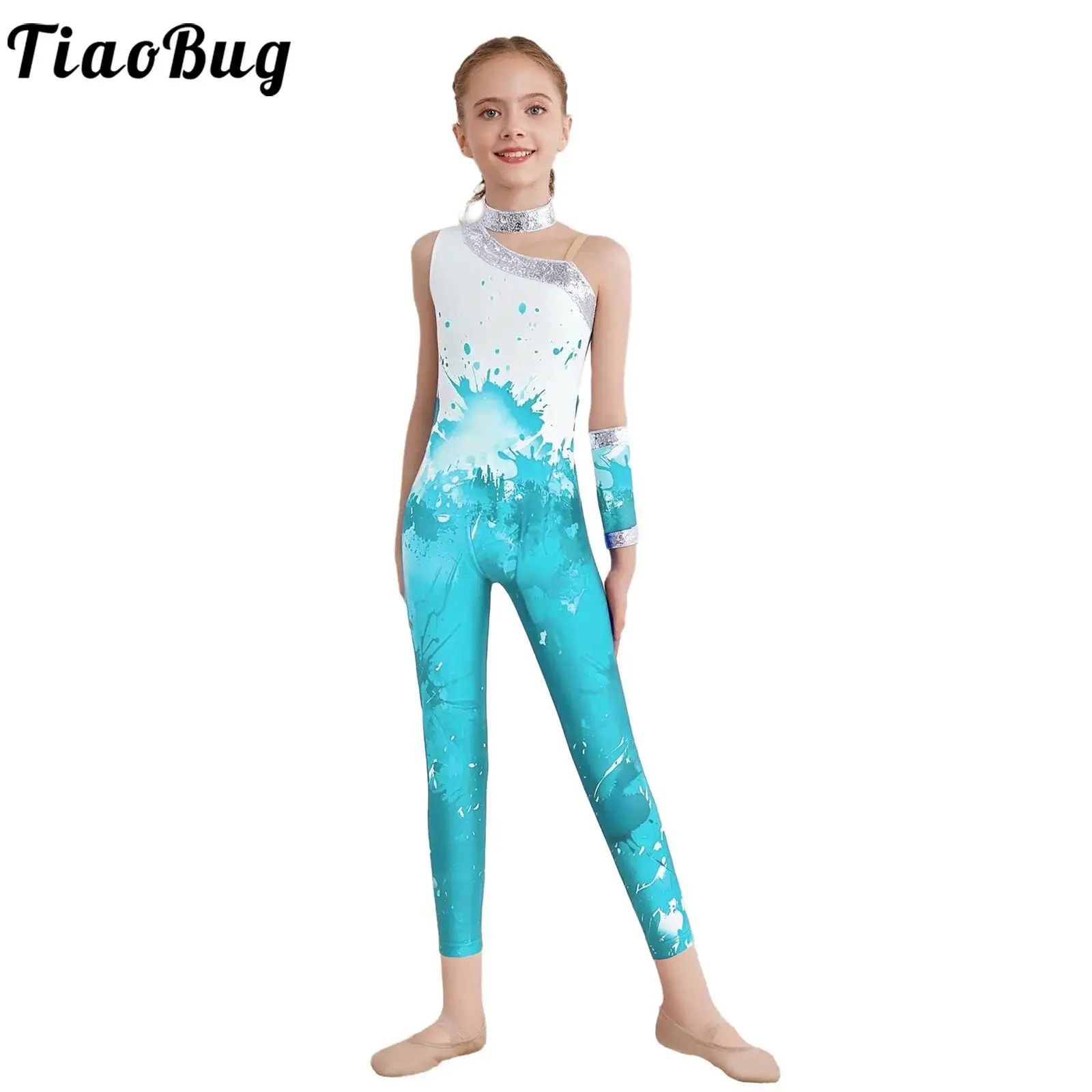 Kids Girls Shiny Sequin Figure Skating Gymnastic Performance Costume Sleeveless Printed Ballet Dance Acrobatics Leotard Jumpsuit