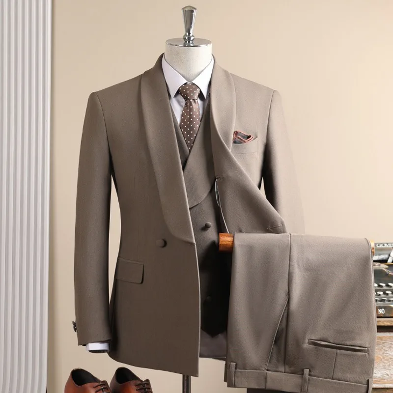 

KIDWHXR Man Suit Outfit Solid Color Long Sleeve Blazer Male Turn Down Collar Vest Straight-leg Pant Male Business 3-piece Set