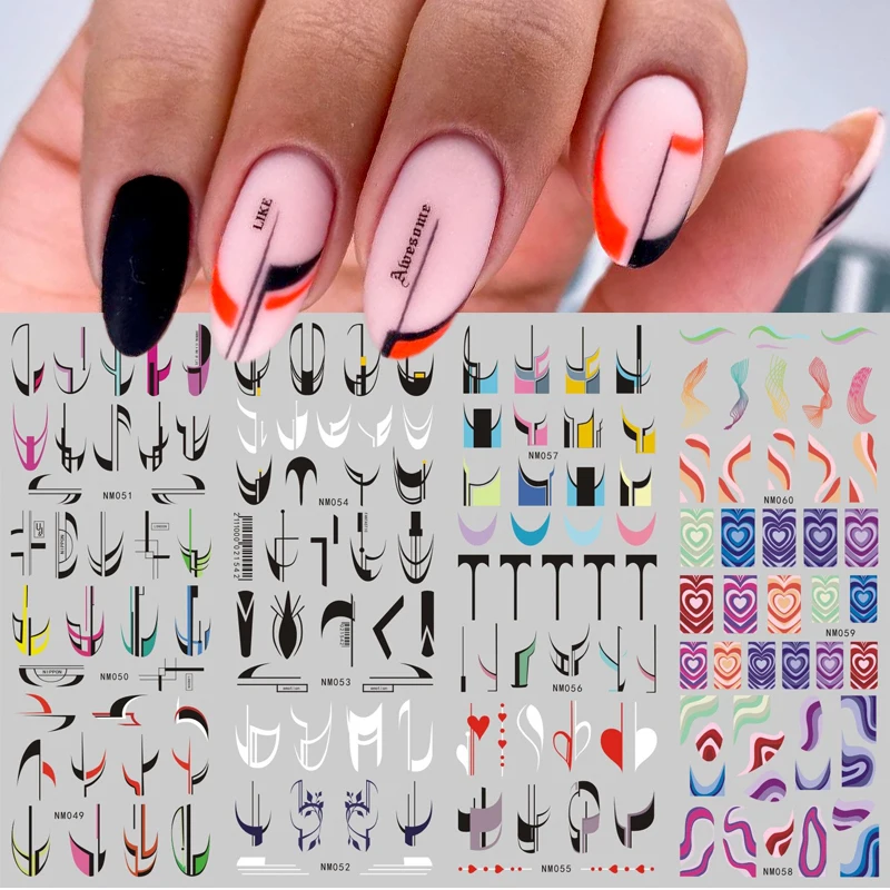 12Designs Geometry Letter Nail Water Decals Flower Leaf Slider Sticker Watercolor Floral Lines Nail Sticker Manicure Decoration